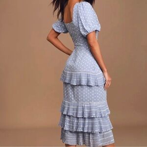 Fleur In Light Blue Tiered Embroidered Midi Dress